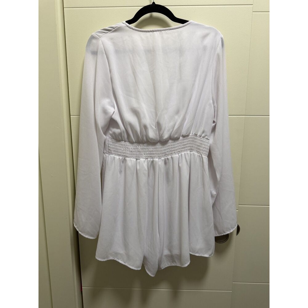 White Long Sleeve Romper V Neck Tie - Picture 2 of 4